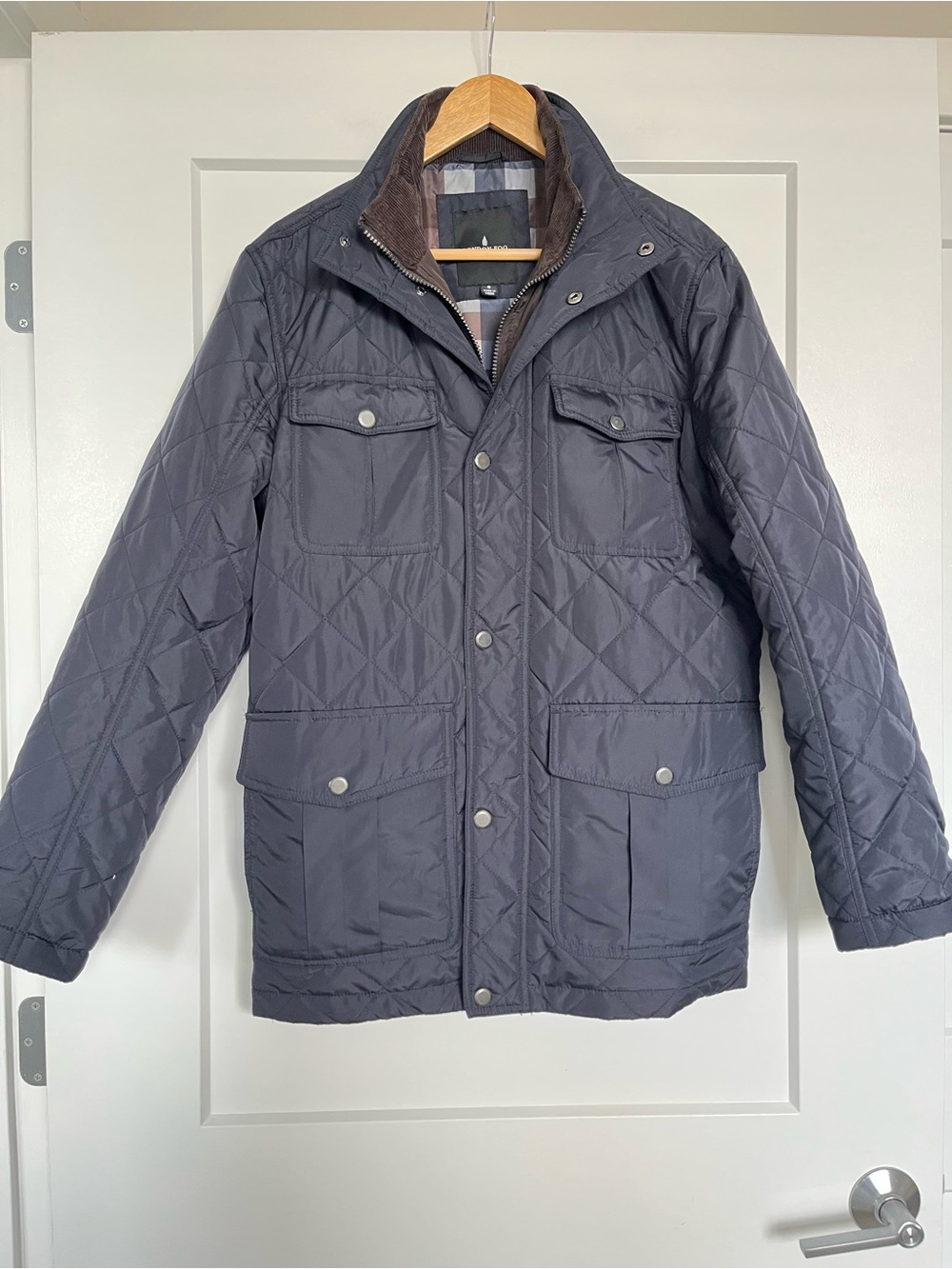 London Fog Quilted Field Jacket Mens S Navy Blue Utility Coat Corduroy Collar